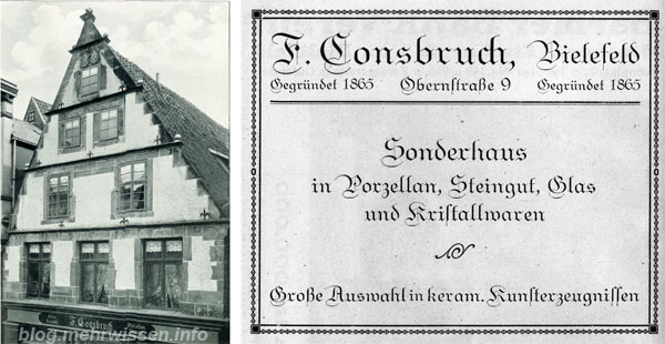 Werbung aus dem Jahr 1919 und Giebel des Hauses im Jahr 1906: Consbruch-Haus Bielefeld