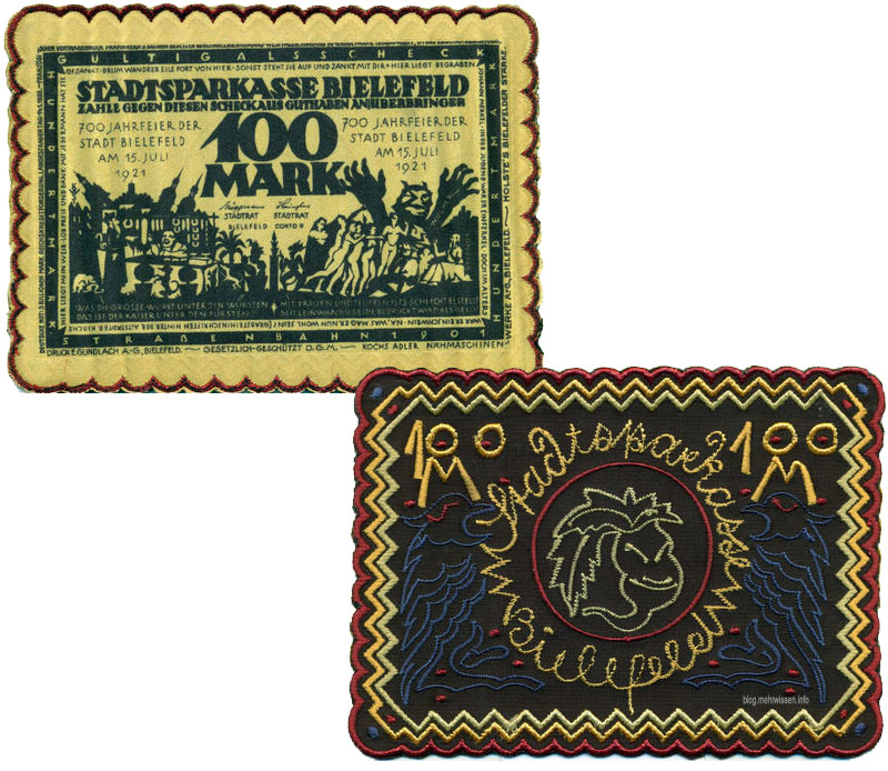 Bielefelder Notgeld: Gestickter 100 Mark Schein, Vorder- und Rückseite, herausgegeben zum 700-jährigen Stadtjubiläum von Bielefeld