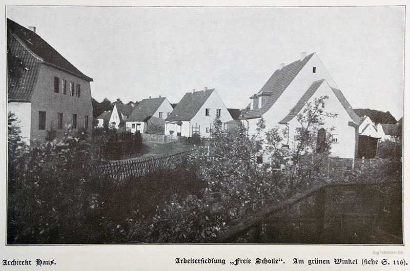 Am Grünen Winkel, Bielefeld, etwa 1927. Das linke Haus ist die Hausnummer 1. Die Freie Scholle baute hier in dieser Zeit hunderte Arbeiterwohnungen.