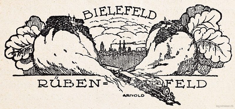 Bielefeld - Rübenfeld: Links der Johannesberg, rechts der Sparrenberg, in der Mitte die Köln-Mindener-Eisenbahn, dahinter Bielefeld mit den Türmen der Altstädter Nicolaikirche und der Neustädter Marienkirche. Diese Illustration wurde von einem Bielefelder im Schützengraben gezeichnet. Das Bild wurde für die Zehn- und Zwanzigmarkscheine verwendet.