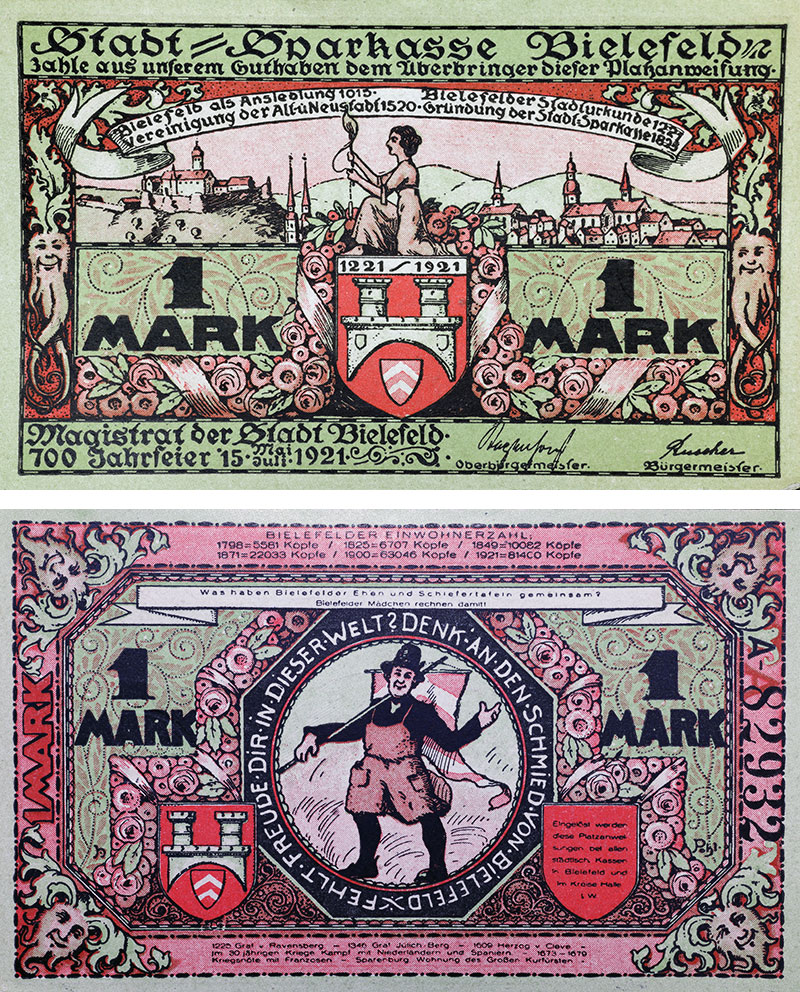 Bielefelder Notgeld: 1-Mark-Schein von 1921, Vorder- und Rückseite. Hauptmotiv: Der Schmied von Bielefeld