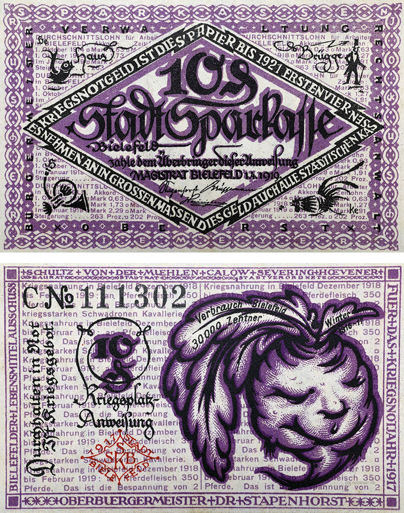 Bielefelder Notgeld: 10-Pfennig-Schein von 1917, Vorder- und Rückseite.