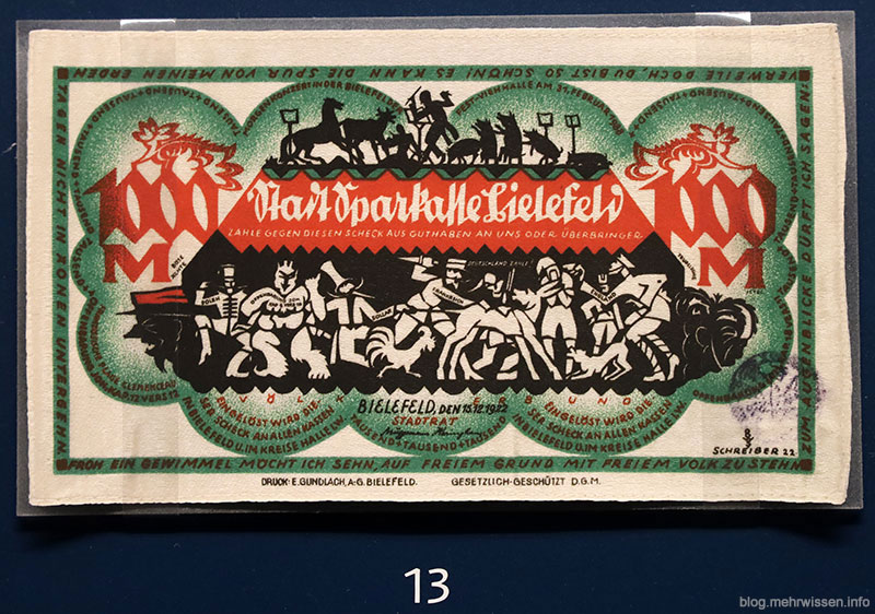 Bielefelder Notgeld: Dieser 1000-Mark-Schein des Bielefelder Notgelds wird im Pitt Rivers Museum in Oxford ausgestellt. Foto: Bernd Szarkowski-Tegtmeier, 2025
