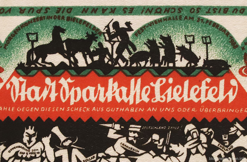 Bielefelder Notgeld: Oben auf dem Schein wird das "Morgen-Konzert in der Bielefelder Fest-Viehhalle" dargestellt., unten tobt der Völkerbund.