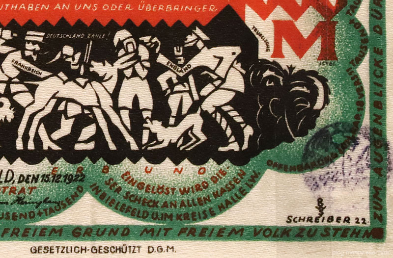 Bielefelder Notgeld: Soldaten aus Frankreich und England umringen den Deutschen mit der Schlafmütze. Rechts "hinterm" Stempel wird ein Bibelvers zitiert.