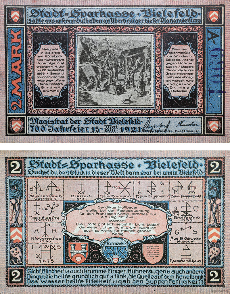 Bielefelder Notgeld: 2-Mark-Schein von 1921, Vorder- und Rückseite. Hauptmotive: Heilquelle am Kesselbrink / Hausmarken / König Jérôme Bonaparte.