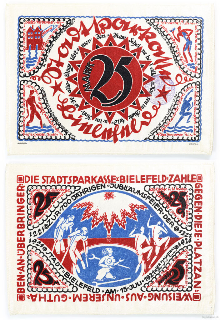 Dieser 25-Mark-Schein wurde von Karl Muggly designed und auf Seide gedruckt. Das Stoffgeld zeigt als Hauptmotiv die Heilquelle auf dem Kesselbrink, die dort 1666 für kurze Zeit existiert haben soll.