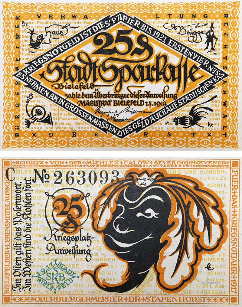 Bielefelder Notgeld: 25-Pfennig-Schein von 1917, Vorder- und Rückseite. Hauptmotiv: Rübengesicht, vor dem Genuss, nach dem Genuss