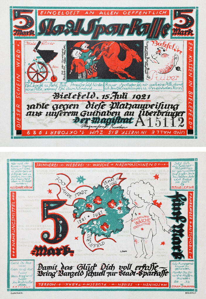 Bielefelder Notgeld: Vorder- und Rückseite des 5-Mark-Scheins. Hauptmotiv: Esel bockt und steht still...