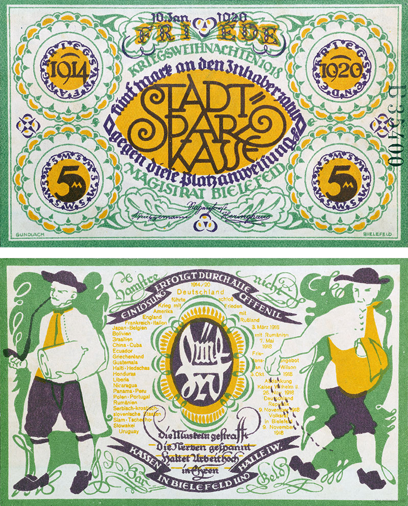 Bielefelder Notgeld: 5-Mark-Schein von 1920, Vorder- und Rückseite, , der Friedensschein.