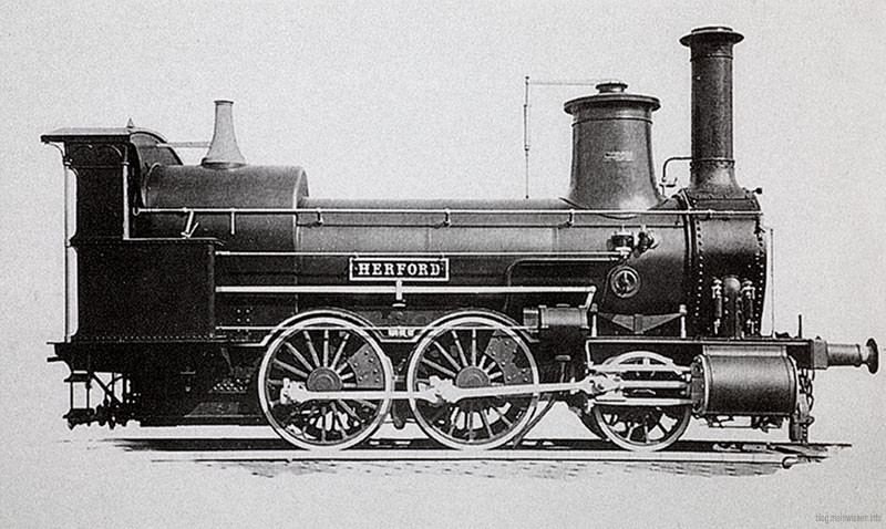 1B Longboiler-Güterzuglokomotive "Herford" der Cöln-Mindener Eisenbahn, Baujahr 1866, dieser Typ lief trotz außenliegender Zylinder wesentlich ruhiger