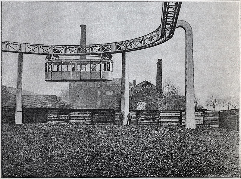 Langens Schwebebahn, Teststrecke in der Waggon Fabrik Van der Zypen & Charlier in Köln Deutz.