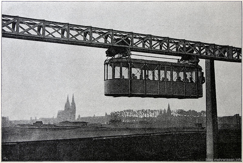 Langens Schwebebahn, Waggon Fabrik Van der Zypen & Charlier in Köln Deutz, im Hintergrund der Kölner Dom.