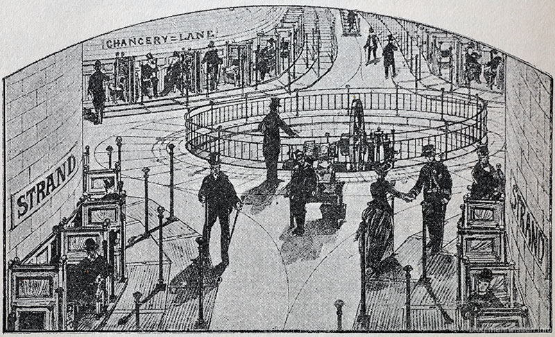 Stufenbahn, System Rettig, Darstellung einer Stufenbahn in London. Auf dieser Kreuzung treffen 4 Bahnen zusammen. In der Mitte ist eine Dampfmaschine eingezeichnet, die als Antrieb dient. Stufenbahn, System Rettig, Dass dieses Bild nur illustrativ entstanden ist sieht man daran, dass die Chancery Lane nie eine direkte Kreuzung mit Strand hatte - sie liegen etwa 100m auseinander.