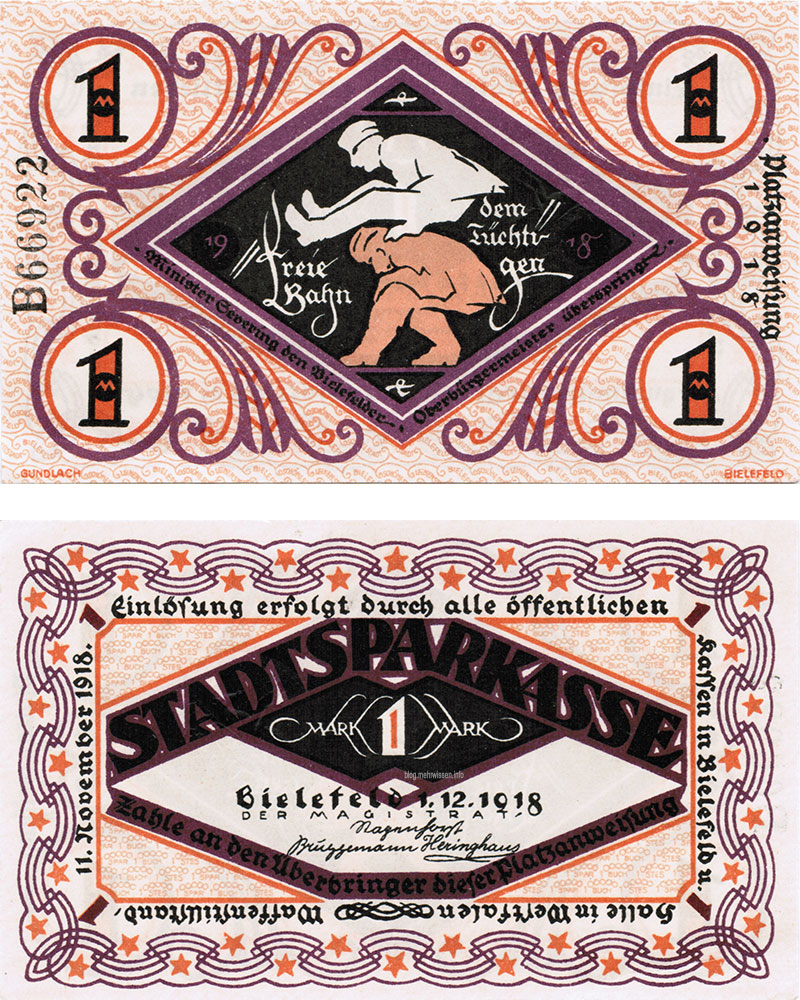 Bielefelder Notgeld: Vorder- und Rückseite des 1-Mark-Scheins. Er zeigt bockspringende Soldaten und titelt "Freie Bahn dem Tüchtigen, Minister Severing den Bielefelder Oberbürgermeister überspringt"
